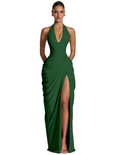 Emerald Green V Neck Chiffon Bridesmaid Dresses Long Halter Mermaid Corset Prom Dresses