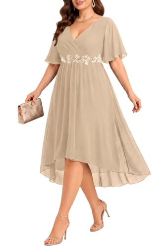Plus Size Champagne Wedding Guest Dress - High Low V Neck Dress Women | Formal chiffon dress with appliques, midi bridesmaid dress,V-neck, ruffle short sleeves & high-low hem for women.