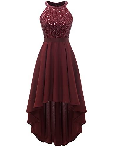 Dressystar Women's Sequin Halter Cocktail Prom Dresses Hi-Lo Sparkly Glitter Homecoming Bridesmaid Wedding Dress Burgundy M