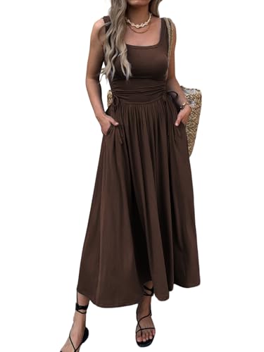 Mieazom Women’s Boho Summer Maxi Dress with Pockets, Adjustable Waist, Sleeveless Casual Ruched Sundress for Beach Vacation Brown L