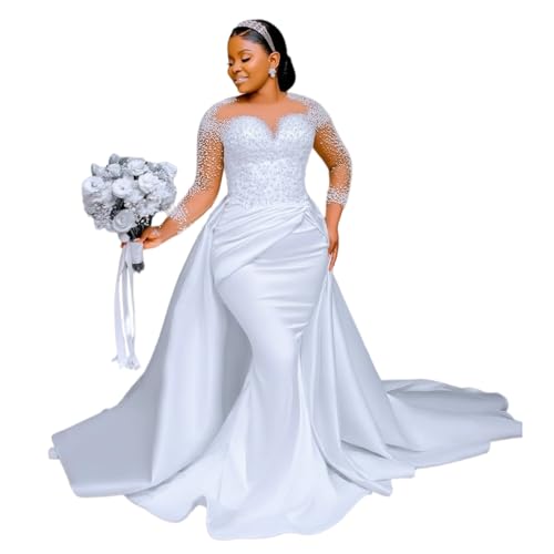YiMinpwp Tulle Mermaid Wedding Dresses Long Sleeve Satin Pearl Beaded Corset Bridal Dress for Bride Detachable Train African Ruched Bridal Gown 2026 White Size 14