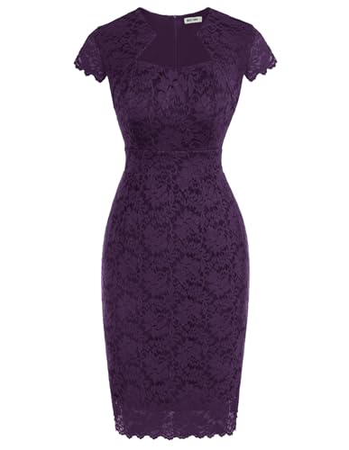 GRACE KARIN Cocktail Dresses for Women Cap Sleeve Lace Dress Dark Purple, M | Business Casual, Semi Formal Pencil Dress for Wedding Guest, derby, party, banquet, Elegante, Spring Summer, bodycon dress