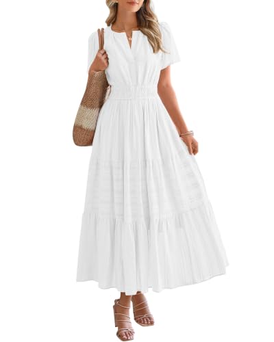 BTFBM Womens Summer 2026 Casual Midi Maxi Dresses Lightweight Short Sleeve V Neck Elastic Waist Boho Beach Dress Pockets(White, X-Large)