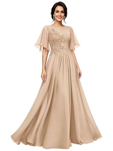 Long Mother of The Bride Dresses Chiffon Short Sleeves Lace Appliques A Line Elegant Ruffle Formal Evening Dresses Wedding Guest Dress Champagne US14