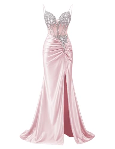 MagicST Satin Beaded Mermaid Pink Prom Dress Long for Women Evening Gown