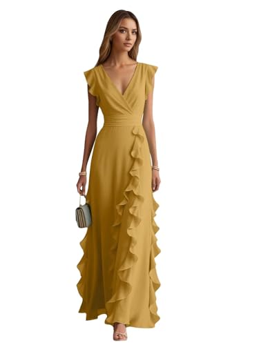 RYANTH Gold Bridesmaid Dress for Women Cap Sleeve Ruffle Chiffon Formal Wedding Guest Dress Long Prom Gown US14