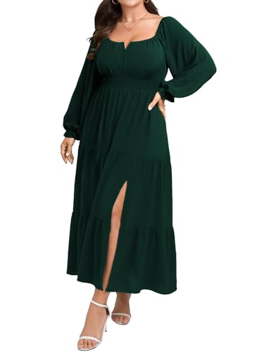 Womens Plus Size Formal Dress | Fall, Long Sleeve, Square Neck, Flowy, A Line, Tiered Side Split, Wedding Guest, Maxi Dress