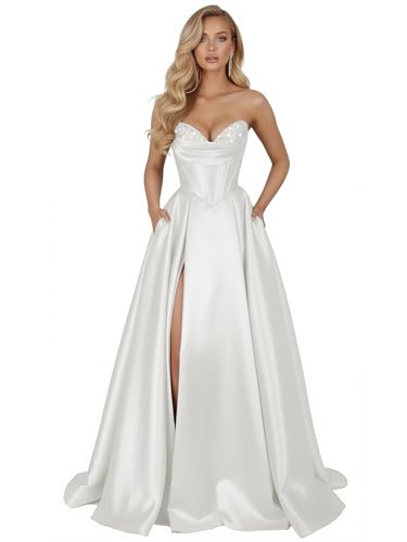 Lxhome Satin Strapless Beaded Prom Dress with Pockets Ivory Size 10 | A line floor length sparkly formal evening ball gown,elegant modest wedding guest,slit,built-in bra,lace up back