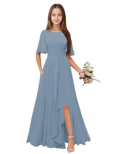 Qgeno Dusty Blue Junior Bridesmaid Dresses for Teen Girls Size 10-12 Chiffon Long Formal Wedding Gown Slit Flower Girl Dress with Sleeves