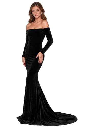 Off Shoulder Velvet Prom Dresses 2025 Mermaid Evening Gowns for Women Long Sleeves Bridesmaid Dresses with Court Train 4 Black