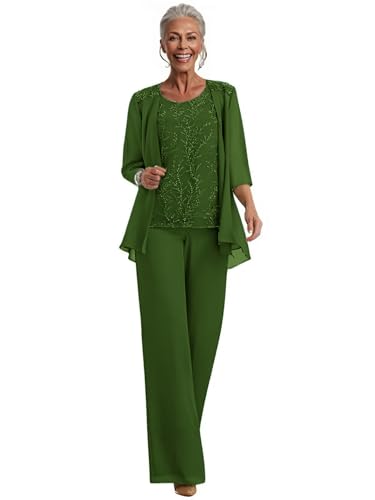 Chiffon Appliques Mother of The Bride Pant Suits 3 Pieces Women Formal Wedding Dress with Jacket Olive Green 6