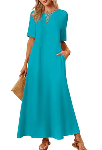 MEROKEETY Women Summer Casual Short Sleeve Maxi Tshirt Dress, Turquoise, M