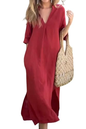 utcoco Womens Cotton Linen Maxi Dresses Casual Loose Fit V Neck 3/4 Sleeve Side Slit A Line Linen Long Dress (XXX-Large, Red)