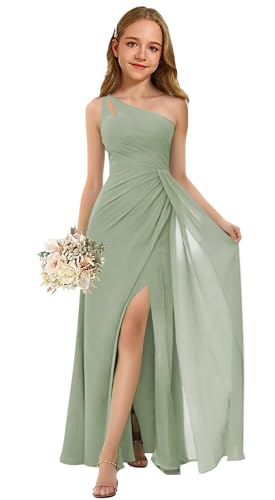 Oittuye One Shoulder Chiffon Girls Formal Dress Ruched Junior Bridesmaid Gown Flower Girl Slit Maxi Dress with Slit, Sage Green, Size 10