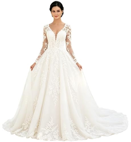 Long Sleeve Wedding Gown for Bride Ivory Bridal Gowns for Women Lace Appliques Bridal Gowns Tulle Wedding Dresses with Train Size 08