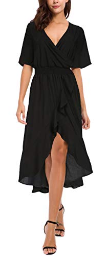 Kormei Womens Short Sleeve Floral Maxi Dress High Low V-Neck Flowy Party Long Dresses M Black