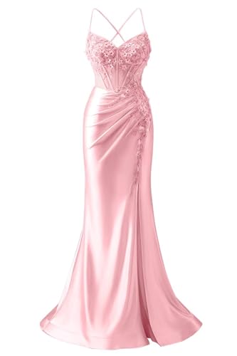 Pink Mermaid Prom Dresses with Slit for Women Spaghetti Straps Prom Dress Lace Appliques Sparkly Satin Formal Evening Gowns Backless US4 LW09
