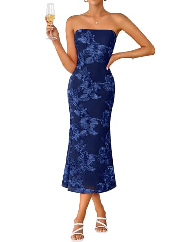 ZESICA Summer Strapless Floral Wedding Guest Dress for Women Navy XS | Formal Bodycon Mesh Tube Midi Dresses, Elegant Bridal Shower Bridesmaid Birthday Holiday Dinner Party, Fashion Evening Gown
