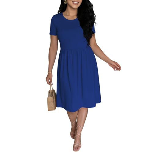 Ulovmi Women's Casual Short Sleeve A-Line Midi Dress Crew Neck Flowy Swing Dress with Pockets for Summer Everyday Wear-Royal Blue-M