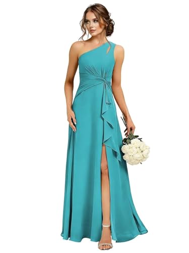 One Shoulder Aqua Blue Formal Dress with Slit for Women Chiffon Pleated Ruffle Bridesmaid Dresses Long for Wedding Party Ruched Wedding Guest Gown US6
