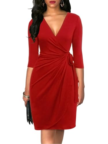 Berydress Women's Classic 3/4 Sleeve V Neck Sheath Casual Party Work Faux Black Wrap Dress (L, 6083-Red)