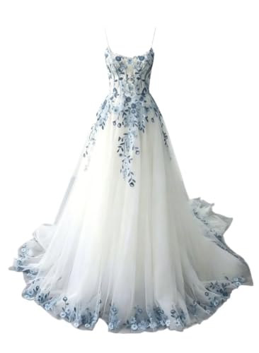 Beach Wedding Dresses for Bride Fairy Forest Blue Lace Applique Bride Dress with Train Tulle Spaghetti Straps Floral Summer Simple Modest Square Neck Bridal Ball Gown White US8