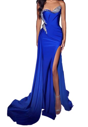 Satin Mermaid Prom Dresses 2026 Long Sweetheart Strapless Beaded Slit Formal Dresses for Women Evening Party with Train Royal Blue 12 HF132