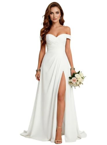 Chiffon Long Wedding Dress for Bride Off Shoulder High Waist A Line Sweetheart Corset Bridal Gowns Ivory US12