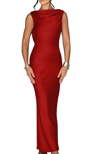 Memoriesea Women's Satin Elegant Sleeveless High Neck Tie Cocktail Party Maxi Dress Red