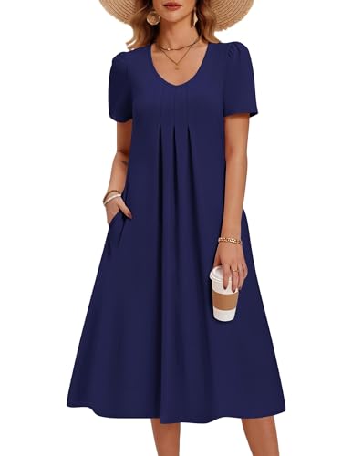 Zeagoo Dresses for Women Causal Tshirt Dresses Loose Summer Midi Dress M | Navy Blue,A Line Dresses with Pockets,Women Beach Sun Dress,Short Sleeve Shift Dresses,Pleated,Casual,Flowy Swing Dresses