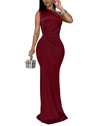 YMDUCH Women's One Shoulder Sleeveless Twist Waist Long Dress WineRed | Elegant,Formal,Party,Evening,Stretch,Solid,Bodycon,Cocktail,Club,Wedding Guest,Maxi,Sexy,Comfy,Vacation,Birthday