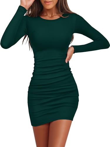 ANRABESS Womens Ribbed Knit Long Sleeve Mini Dresses Deep Green-M