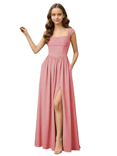Gnleyane Junior Bridesmaid Dresses for Teen Girls Spaghetti Straps Long Blush Pink Flower Girl Dress Chiffon Pockets Girls Formal Dress Size 10