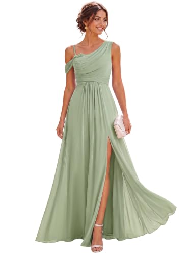 Ever-Pretty Women's Sleeveless Chiffon Summer Formal Wedding Guest Dress One Shoulder A-Line Split Bridesmaid Dresses Mint Green US4