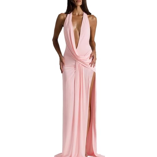 Loidumv Women Deep V Neck Halter Maxi Dress Backless Ruched High Split Cocktail Formal Prom Gown Wedding Guest Dress(Pink,M)