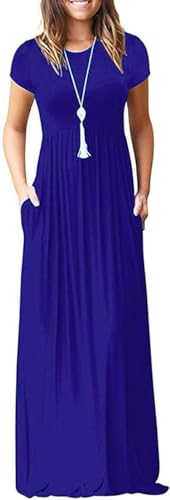 DEARCASE Maxi Dress for Women Dark Blue Medium Crewneck Short Sleeve Sundresses Wedding Guest A-line Casual Loose Party Vintage Spring Summer Vacation Flowy Beach Long Dresses with Pockets