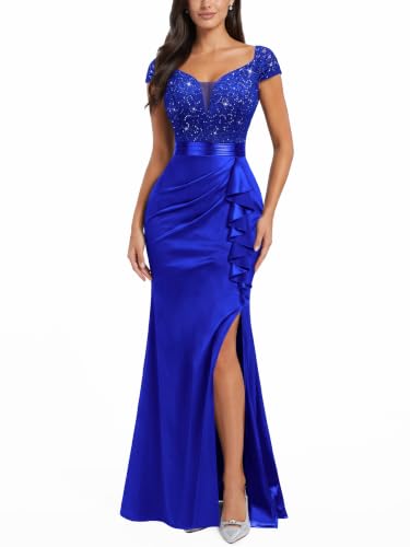 Miusol Women's Vintage V-Neck Slim Ruffle Split Evening Formal Maxi Dress