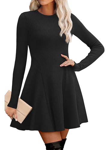 OFEEFAN Dresses for Women Long Sleeve Ribbed A Line Flared Sweater Dress Formal Dresses for Women Black Quiet Luxury Clothes XL