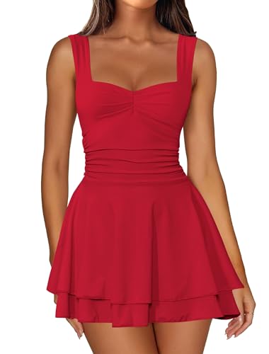 IWD Square Neck Sleeveless Cute Summer Dress for Women Tank Top Ruched Waist Tiered Ruffle Short Going Out Mini Dresses Red XX-Small