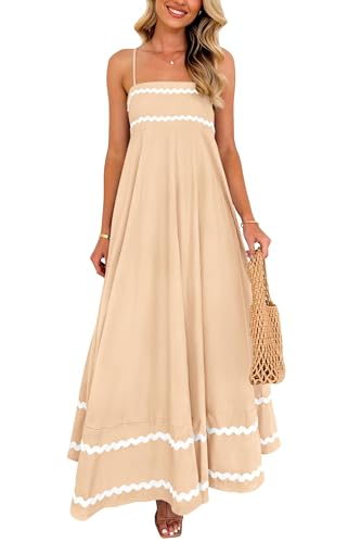 PRETTYGARDEN Women's Summer Spaghetti Strap Boho Maxi Dress,Beige,M
