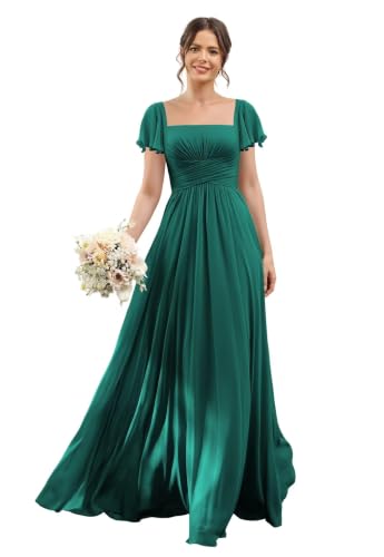 Square Neck Peacock Bridesmaid Dresses Long Summer Flutter Sleeves Chiffon Ruffles A Line Formal Evening Party Dress 2026,8