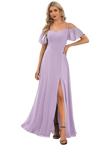Ever-Pretty Women's Formal Dresses Off Shoulder Short Sleeve Split A-Line Floor Length Bridesmaid Dresses Frosted Lilac US10