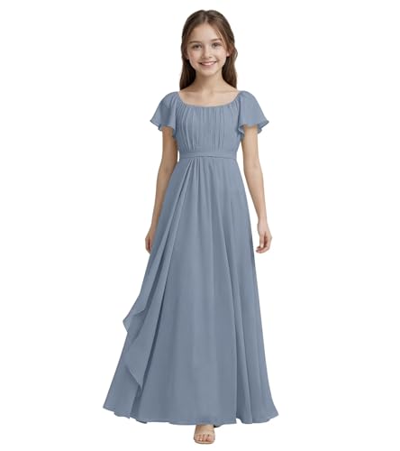 FLwuhui Junior Bridesmaid Dress Floor Length Chiffon Flower Girl Dresses Girls Formal Dresses Dusty Blue US13