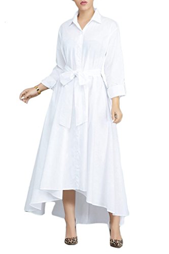 VERWIN Women Long Sleeve Loose Elegant Maxi Dress Button Down Up Shirt Long Dress with Pockets and Belts (XXL, White)