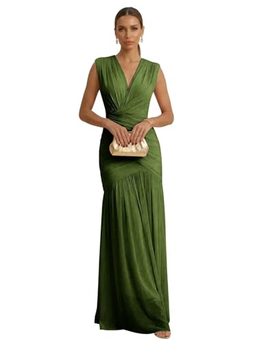 RYANTH Olive Green V Neck Mother of The Bride Dresses for Women Long Mermaid Prom Dress Pleated Chiffon Ruched Formal Evening Dress Size 4