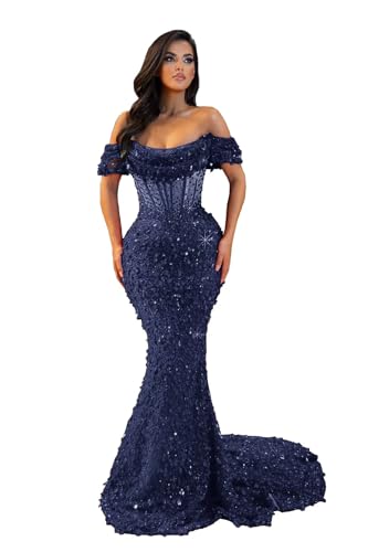 Elegant Prom Dresses for Women Off Shoulder Mermaid Long Sparkly Sequin High Waist Sexy Sheer Beaded Backless Long Formal Evening Party Dresses with Train Navy Blue 12 MX573