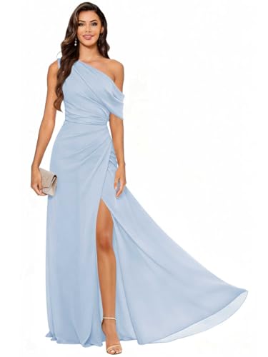Djkvmd Chiffon Bridesmaid Dresses Long Light Blue One Shoulder A Line Formal Gown with Slit Size8