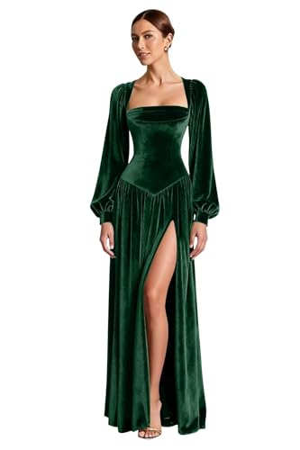 Long Sleeve Velvet Bridesmaid Dresses for Women with Slit Size 4 Dark Green | Mermaid Square Neck Prom Dress Long 2026,Split Formal Guest Dress,Floor Length Bodycon Evening Party Ball Gowns