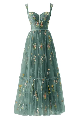 Basgute Women's Tulle Corset Prom Dresses Tea Length Plus Size Peacock 2025 Flower Embroidery Elegant A Line Formal Evening Party Gowns for Teens US18W