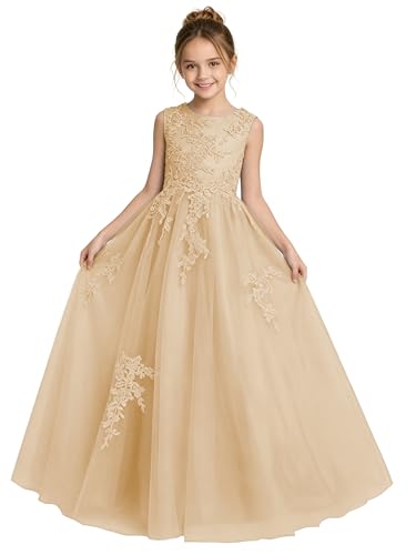 Liwecit Champagne Junior Bridesmaid Dress for Wedding Elegant A Line Cute Flower Girl Dresses School Dance Lace Appliques Formal Pageant Gown Long Tulle Farther Daughter Gown for Girls Size 10